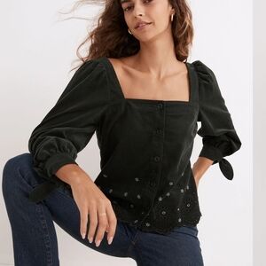 Scalloped eyelet embroidery and dramatic tie cuffs +  square neck Top
